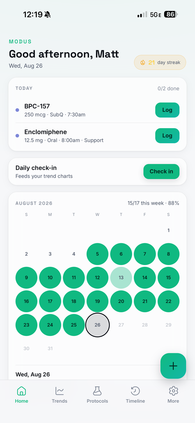 Modus home screen showing today's doses, daily check-in, and a month adherence calendar