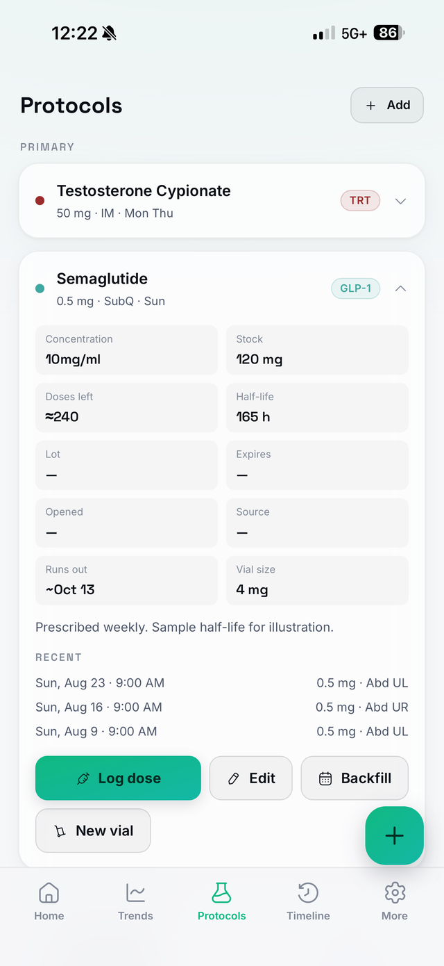Modus protocol detail showing concentration, stock, doses left, and half-life