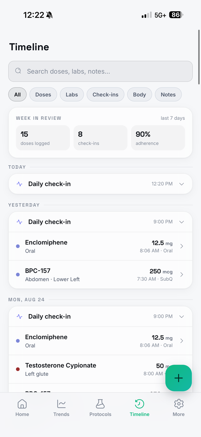 Modus timeline showing doses, check-ins and labs in one searchable feed